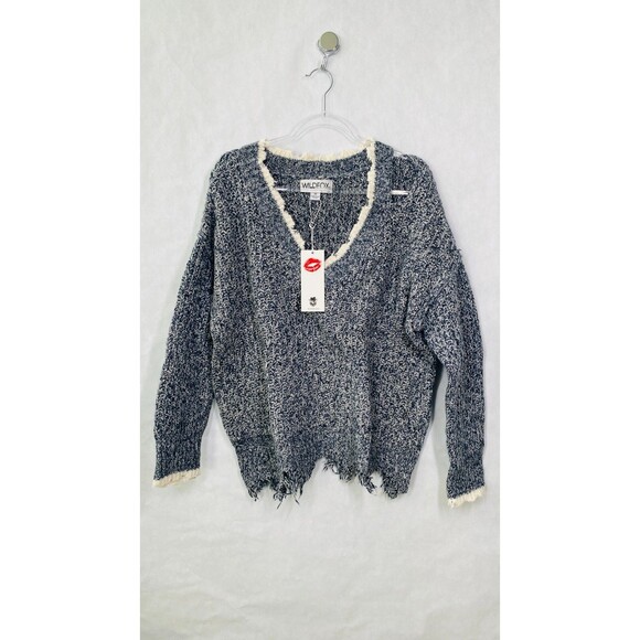 Wildfox Sweater Women M Black White Oversized Distressed V-neck - Picture 1 of 11